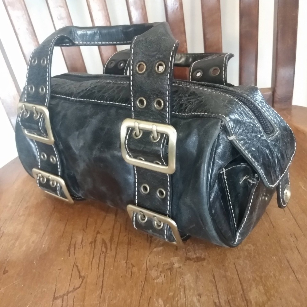 SOHO Franco Sarto VTG Edgy Black Leather Buckle Barrel Bag Y2K Streetwear Biker - Picture 2 of 10